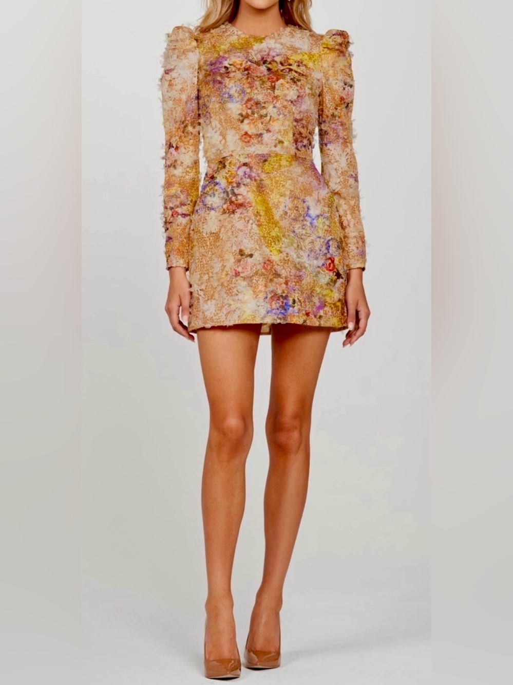 Floral Textured Long-Sleeve Mini Dress in Gold